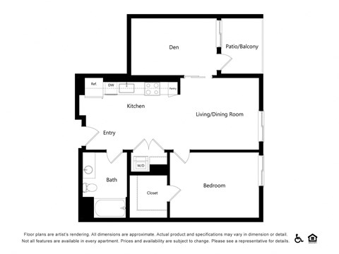 Floor plan for 1 bed, 1 bath, 843 sqft